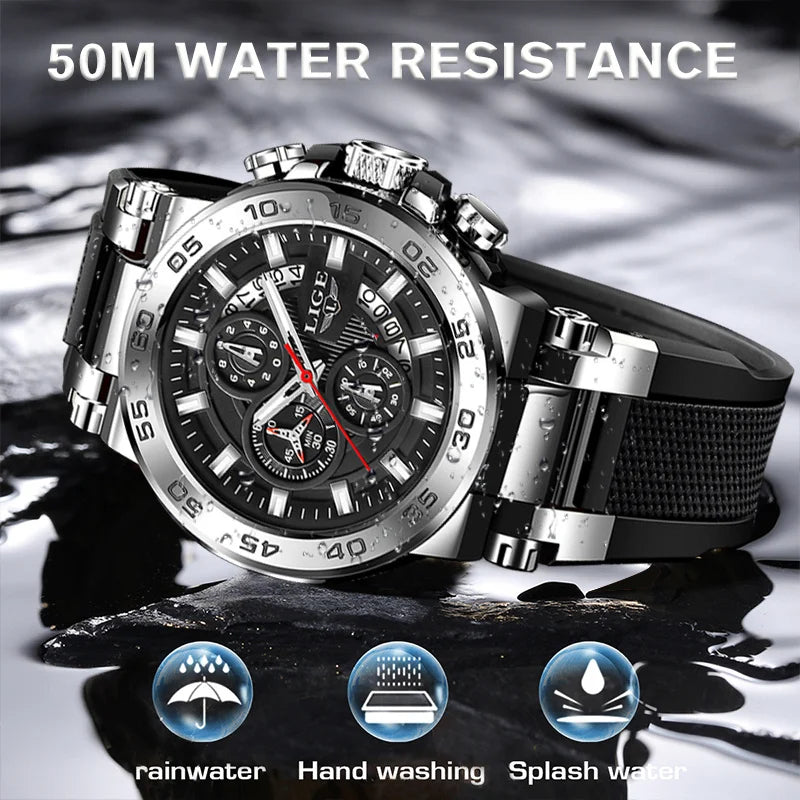 Reloj de lujo LIGE 2026 para hombre, reloj militar de cuarzo con correa de silicona, cronógrafo impermeable con calendario de marca superior