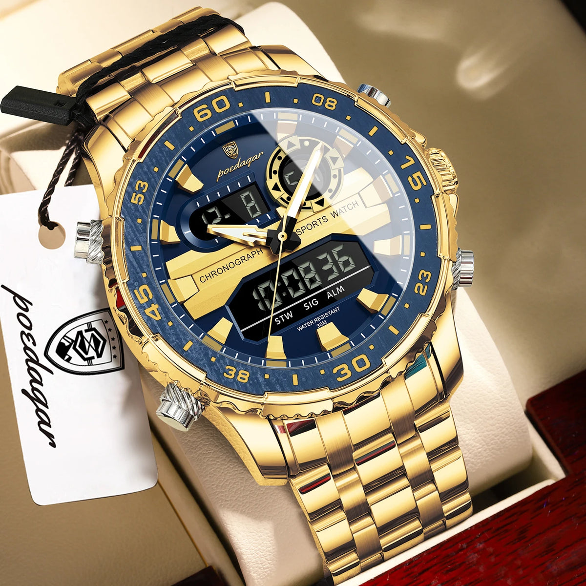Reloj de pulsera electrónico de moda para hombre POEDAGAR, con semana, fecha, LED luminoso, pantalla de doble hora, relojes digitales de cuarzo para hombre