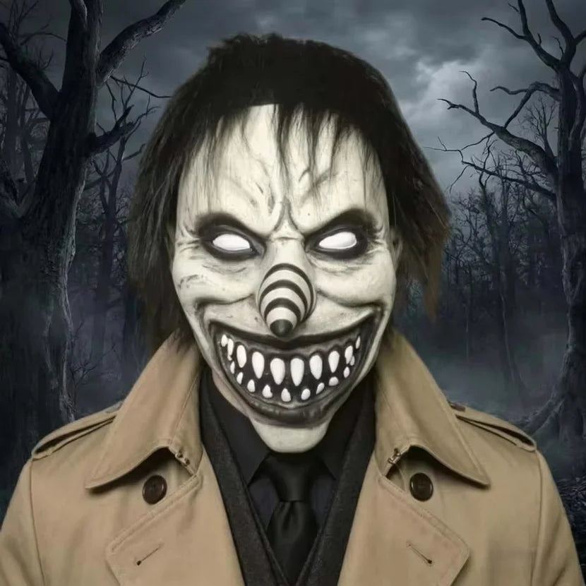 Máscara de payaso demonio aterrador, máscara de payaso malvado, máscara de payaso de pelo negro espeluznante, máscara de nariz en espiral, disfraz de látex para adultos, accesorios de cosplay para Halloween.