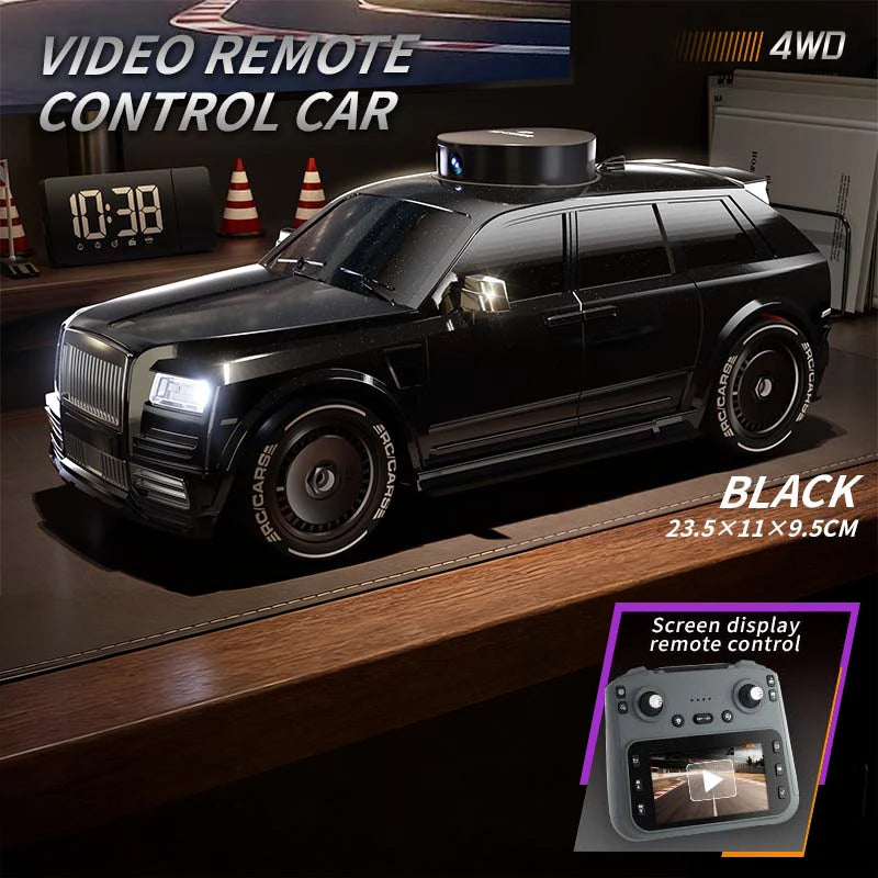 Coche RC negro con faros LED y control remoto con pantalla de video