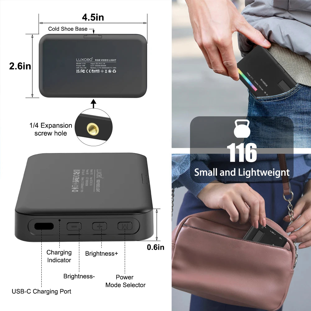 LUXCEO V10 Mini luz de vídeo RGB Panel en luces de cámara lámpara de fotografía iluminación de relleno LED regulable para Vlogging, videoconferencia