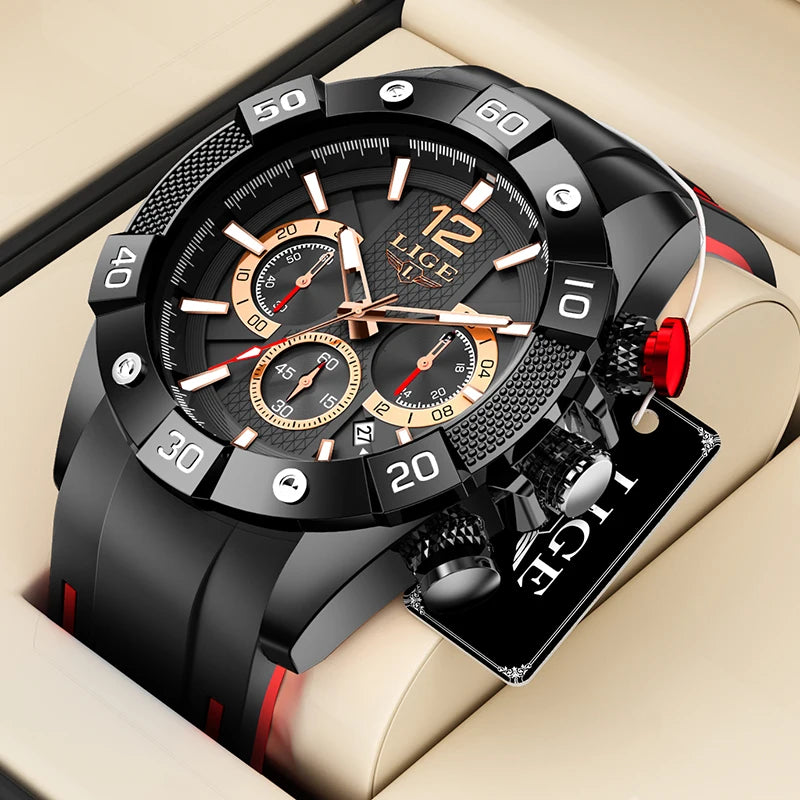 Reloj de hombre LIGE casual, de moda y negocios, con esfera grande de silicona, resistente al agua, luminoso, cronógrafo, reloj de pulsera de cuarzo para hombre