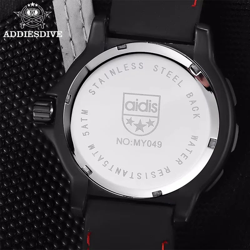 Reloj de cuarzo para hombre ADDIESDIVE para deportes al aire libre, con tubo luminoso, resistente al agua 50M, correa de silicona negra