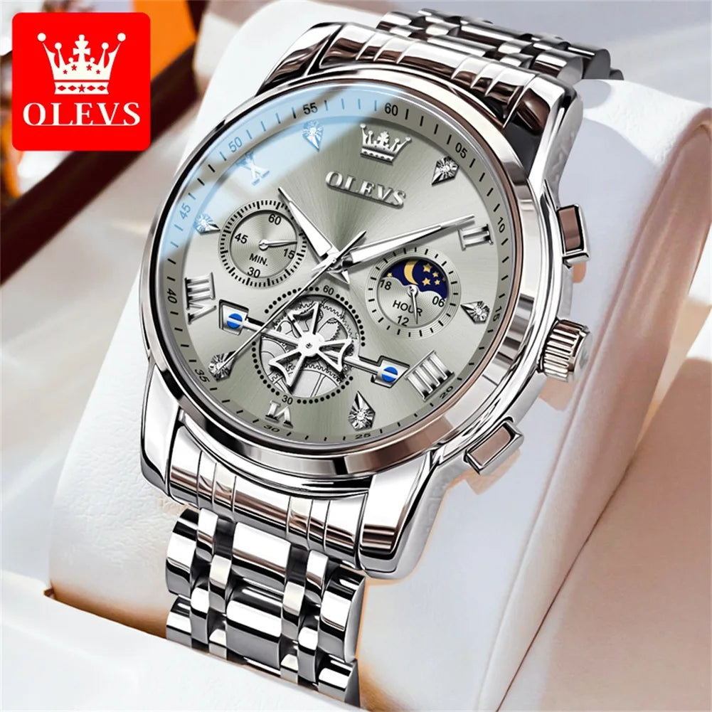 Relojes de cuarzo OLEVS 2856 para hombre, diseño de volante de moda, cronógrafo, resistente al agua, luminoso, calendario, fase lunar, relojes de pulsera para hombre