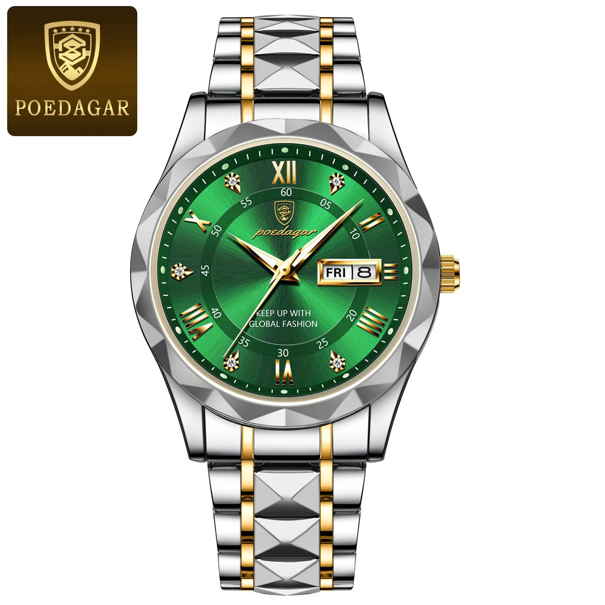 POEDAGAR Reloj de pulsera de cuarzo de lujo para hombre, a la moda, luminoso, resistente al agua, con fecha y día, de acero inoxidable, para negocios