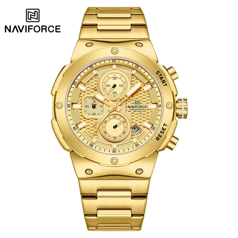 Reloj NAVIFORCE de lujo para hombre, con cronógrafo de cuarzo, luminoso, calendario, resistente al agua, de acero inoxidable, estilo deportivo y militar.