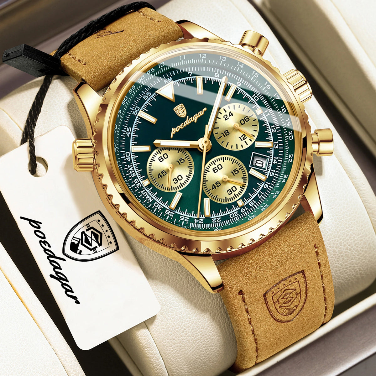 Reloj de cuarzo para hombre POEDAGAR, de negocios, resistente al agua, luminoso, con cronógrafo, fecha, correa de piel y diseño de moda