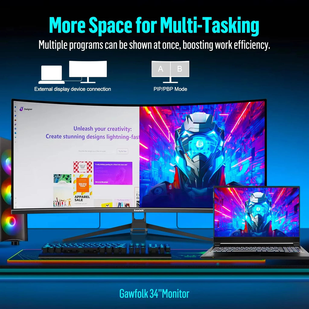 Monitor de juegos curvo ultraancho Gawfolk de 34 pulgadas, UWQHD 144Hz 1500R, monitor de computadora curvo, compatible con FreeSync, pantalla de escritorio.