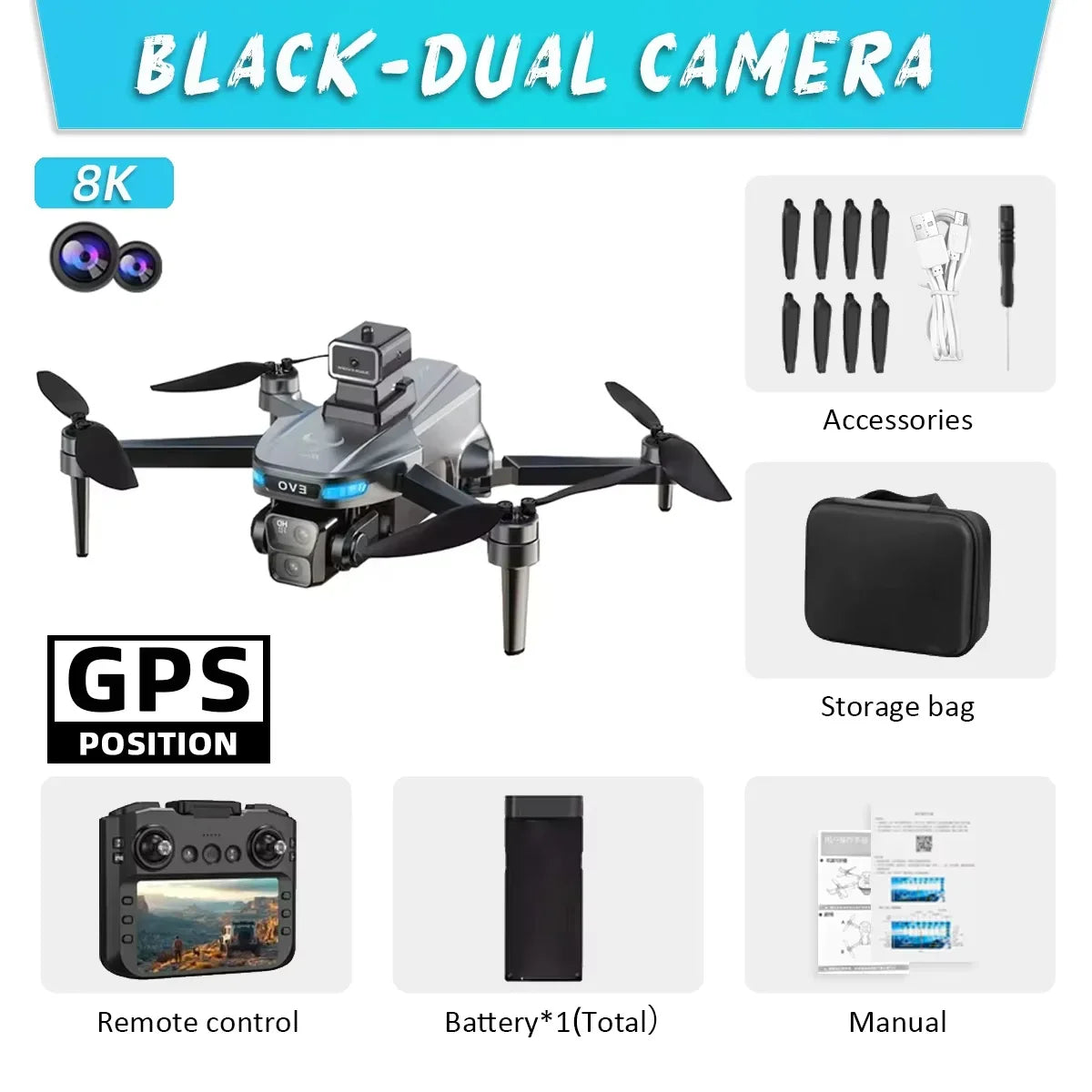 Juego de dron negro con cámara dual y accesorios: hélices, bolsa de almacenamiento y manual