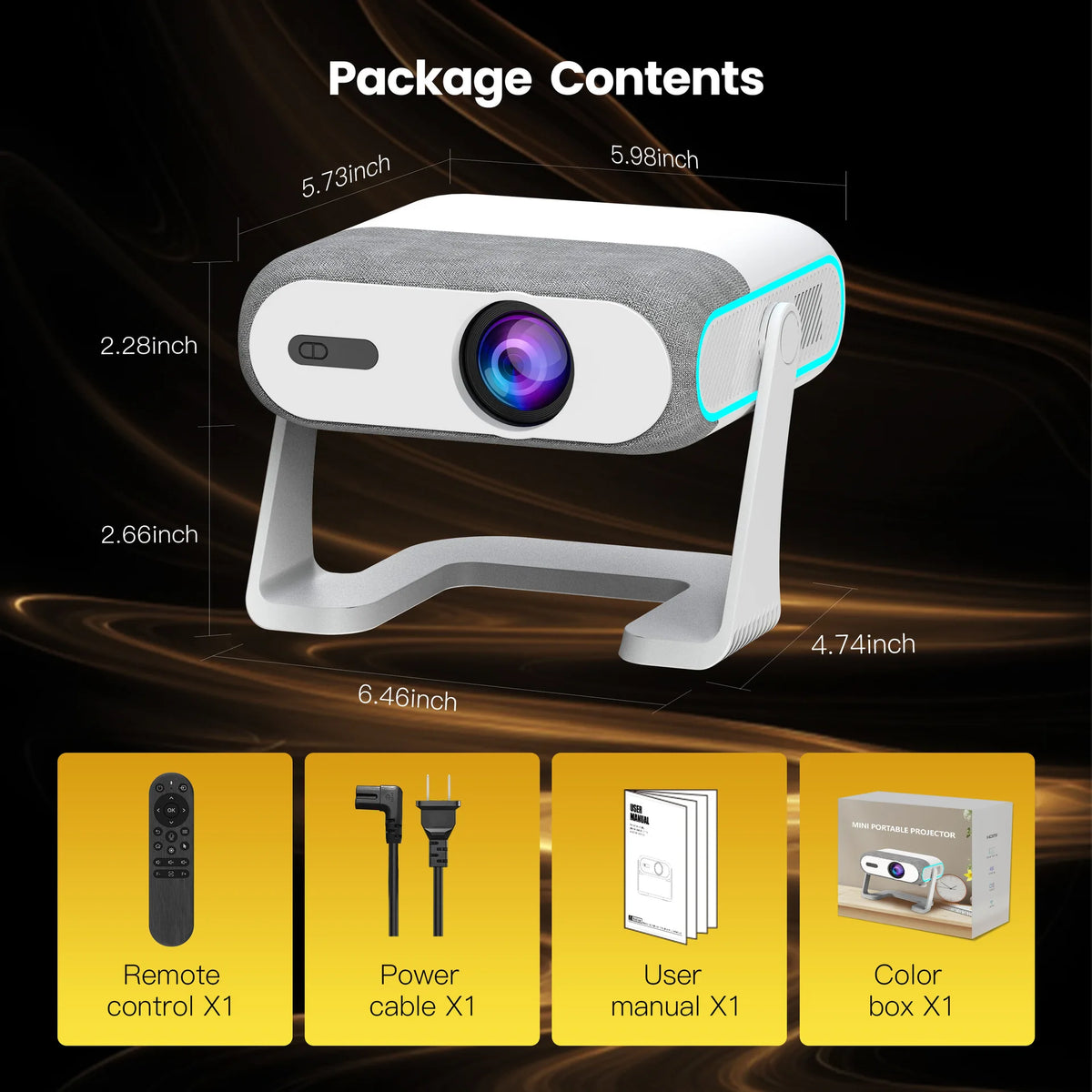 Proyector portátil AOC blanco con control remoto, cables y manuales incluidos.