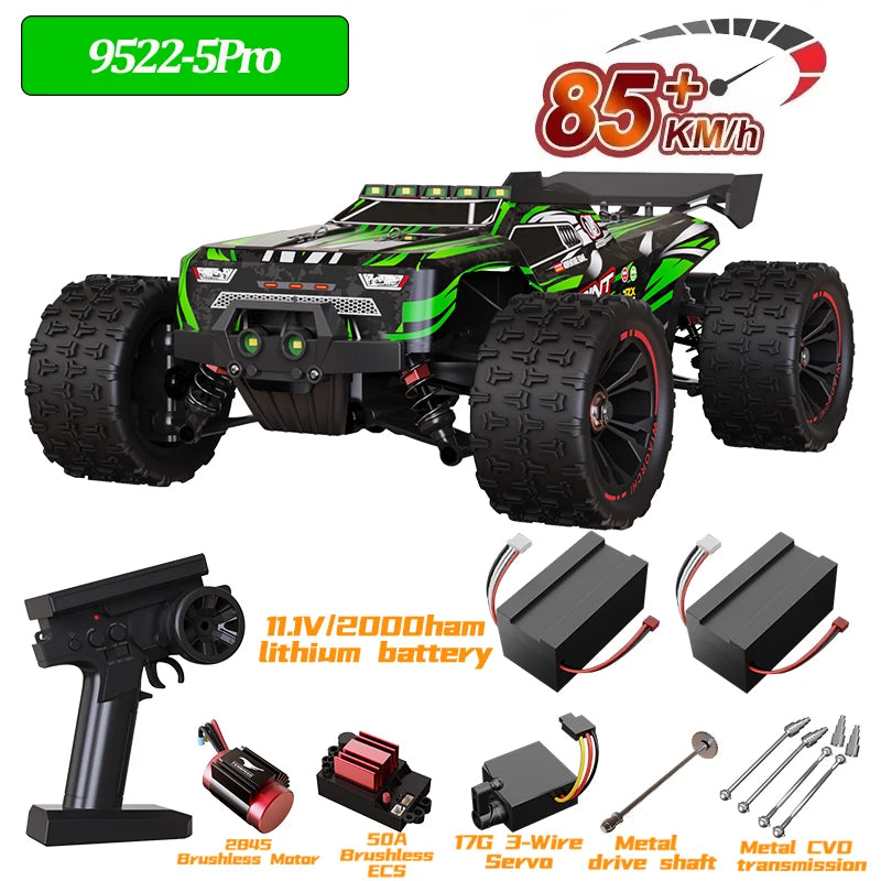 Coche RC 4x4 sin escobillas todoterreno verde y negro, con batería y mando a distancia