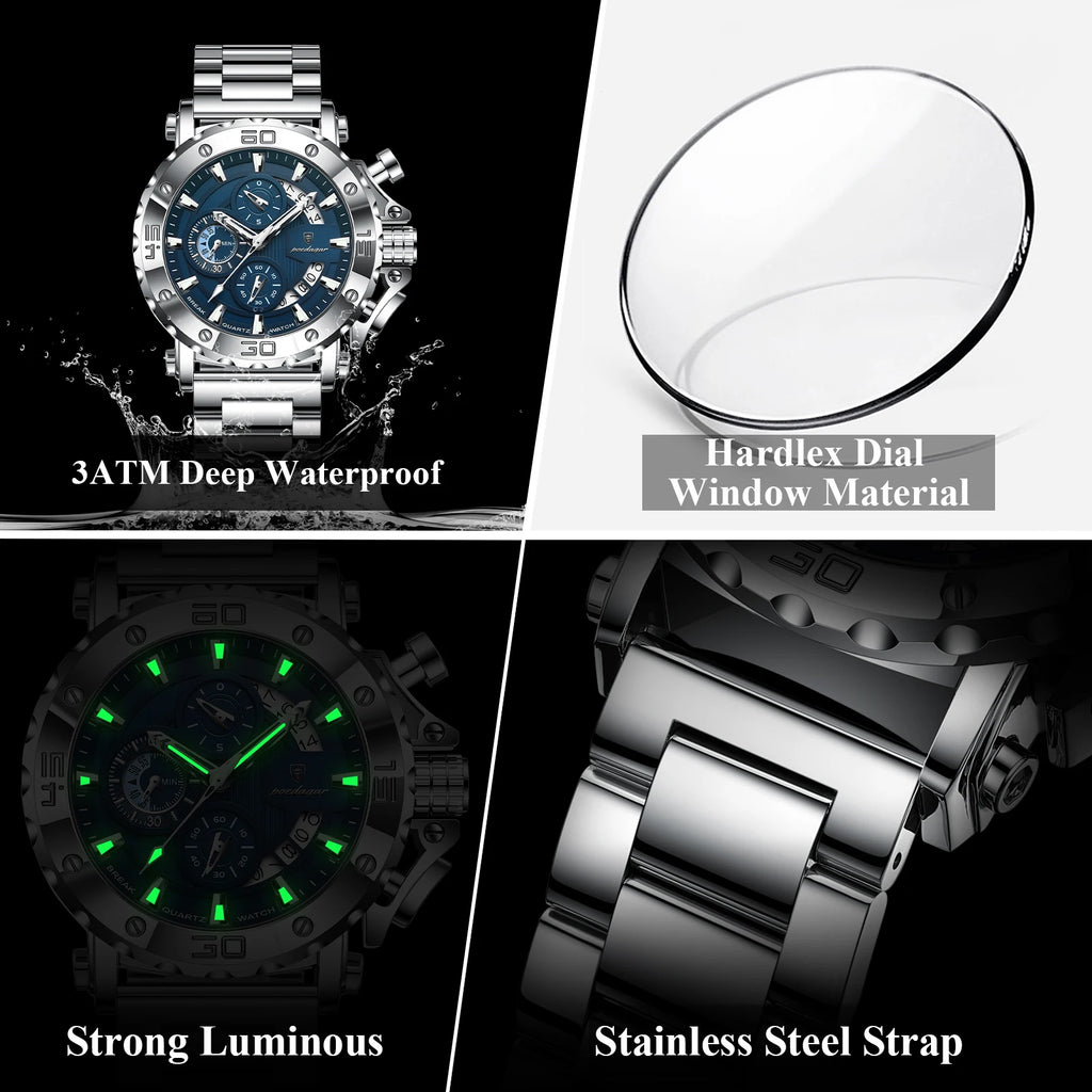 Reloj de lujo para hombre POEDAGAR, calendario, luminoso, resistente al agua, cronógrafo, de cuarzo, de acero inoxidable, reloj de moda para hombre, regalo, reloj masculino