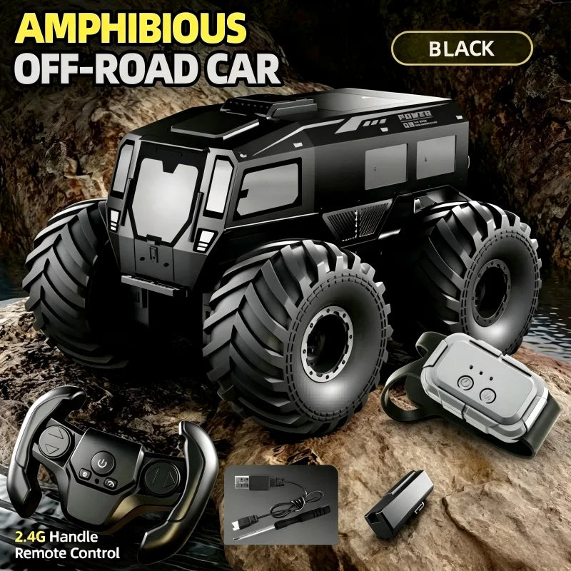 Coche RC anfibio todoterreno negro con mando y ruedas grandes de tacos profundos