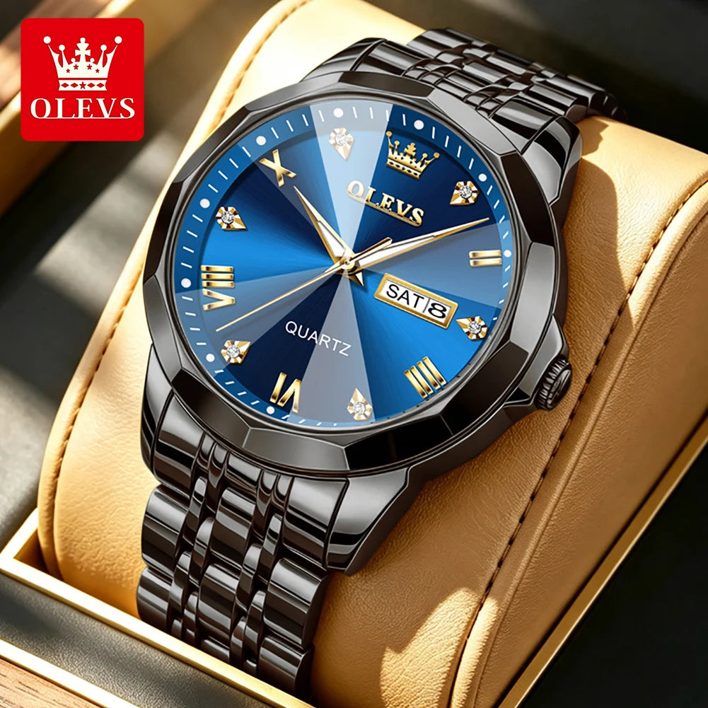 Reloj OLEVS 9931 de gran venta para hombre, moda, espejo de rombo, correa de acero sólido, fecha, resistente al agua, luminoso, reloj de cuarzo original para hombre