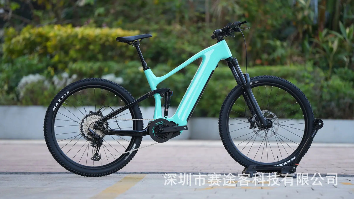 Bicicleta eléctrica de fibra de carbono, doble suspensión trasera, bicicleta de montaña eléctrica