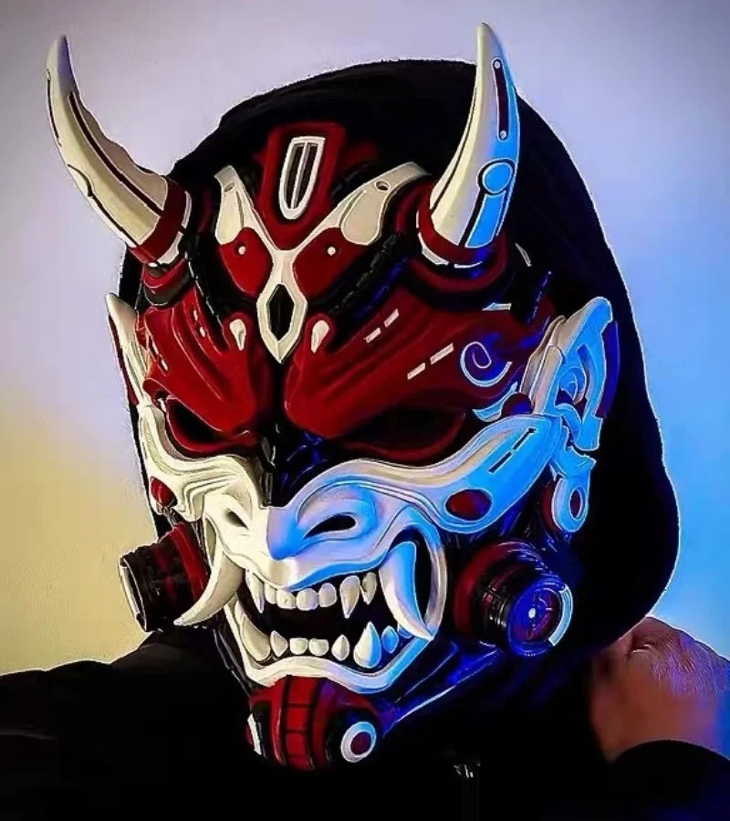 Máscara Genérica de Demonio Oni Cyberpunk para Disfraz de Halloween, Accesorio de Cosplay, Máscara Hannya de Samurai Roja, Blanca y Negra para Fiesta