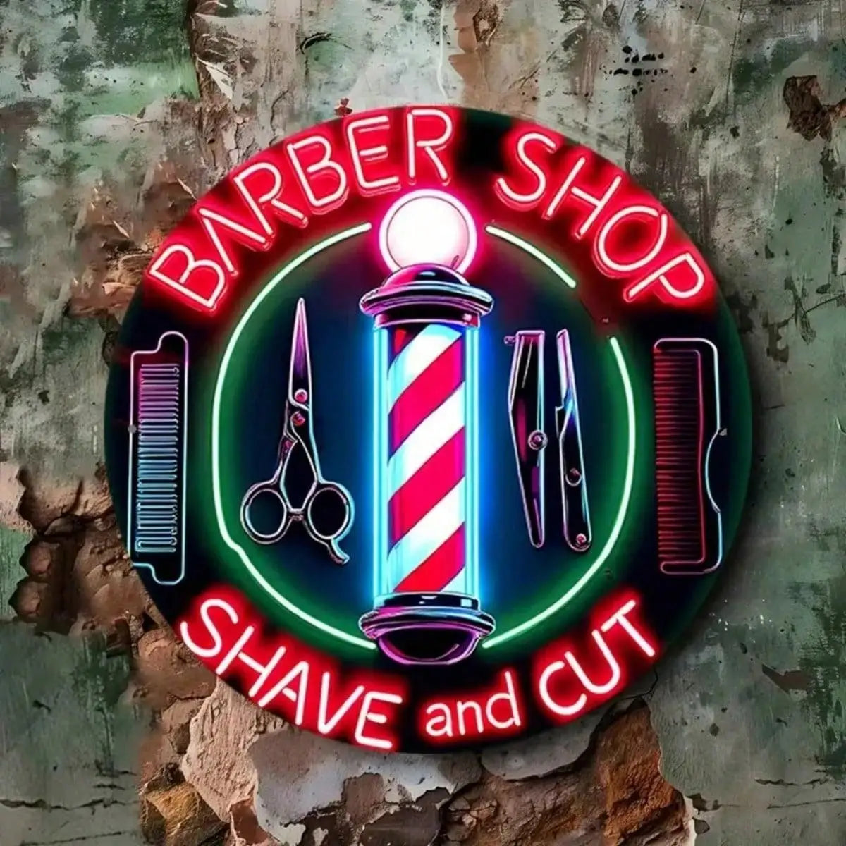 Cartel de neón circular de barbería, BARBER SHOP y SHAVE and CUT con tijeras