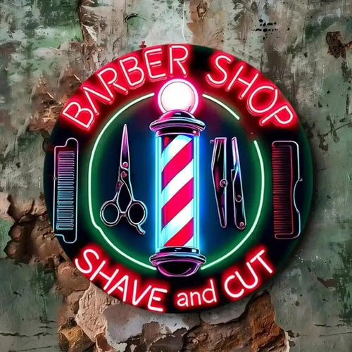 Cartel de neón circular de barbería, BARBER SHOP y SHAVE and CUT con tijeras