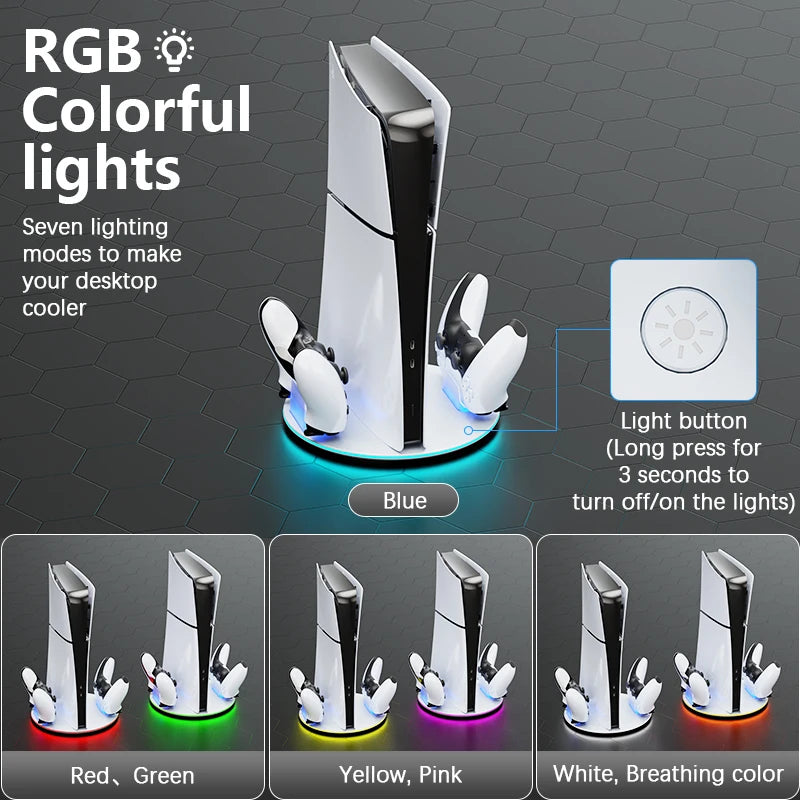 Soporte de carga blanco con luces RGB y botón de luz; anillo LED azul.