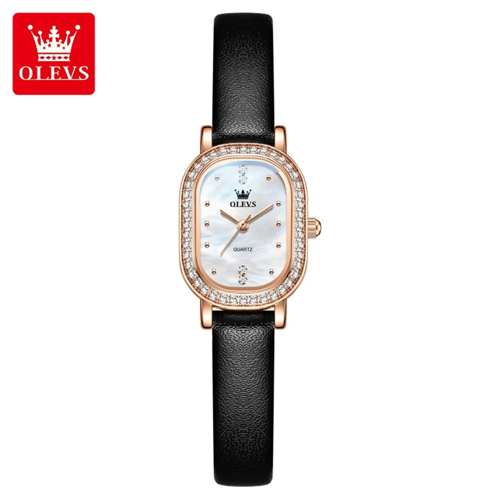 Reloj de pulsera para mujer OLEVS de lujo, diseño ovalado con bisel de cristal, cuarzo delgado, correa de piel y acero, elegante reloj multicolor 5697