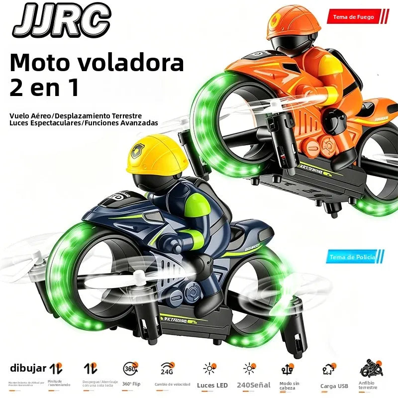 2IN1 RC Car and RC Drone Land and Air Dual-use Flying Motorcycle 2.4G Remote Control Stunt Drift with Gyro and Night Light Toys