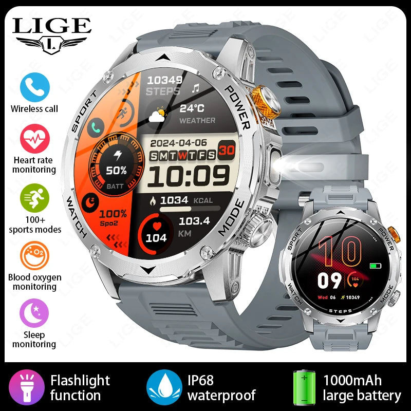 LIGE Nuevo reloj inteligente para hombre con batería de gran capacidad de 1000 mAh, linterna exterior, llamadas Bluetooth, resistente al agua, reloj inteligente deportivo de fitness