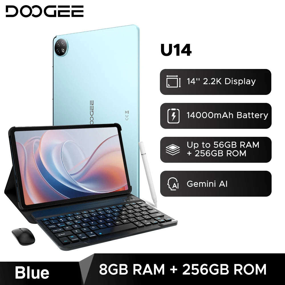 Tableta inteligente Doogee U14, Android, pantalla de 14 pulgadas y resolución 2.2K, 56 GB (8+48), 256 GB, batería de 14000 mAh, Wi-Fi 6, compatibilidad con Gemini AI y Widevine L1.