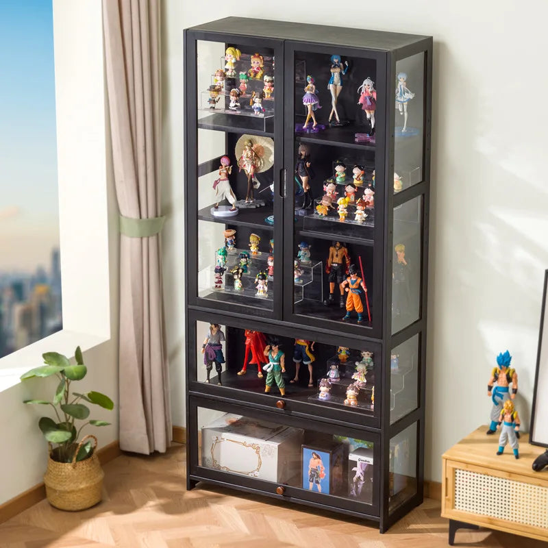 Vitrina de almacenamiento negra con puertas de vidrio y estantes para figuras, con luz interior.