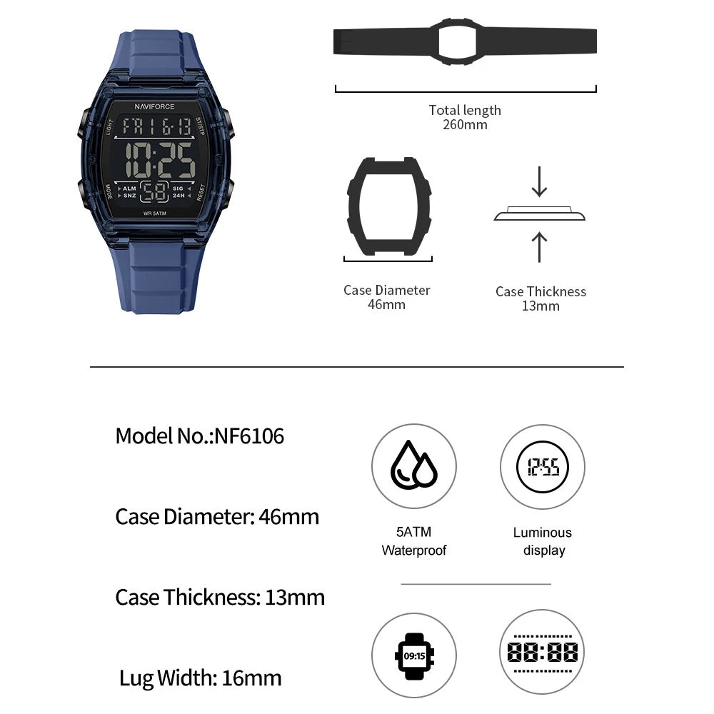 Reloj deportivo para hombre NAVIFORCE de lujo, marca líder, con alarma, cronómetro, pantalla digital LED, retroiluminación y resistente al agua.