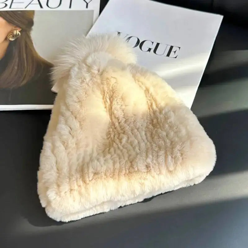 Gorro de piel de conejo Real Rex para mujer, gorro de invierno de piel gruesa, gorro cálido con protección para los oídos, gorro de piel tejido a mano, gorros de piel natural para exteriores
