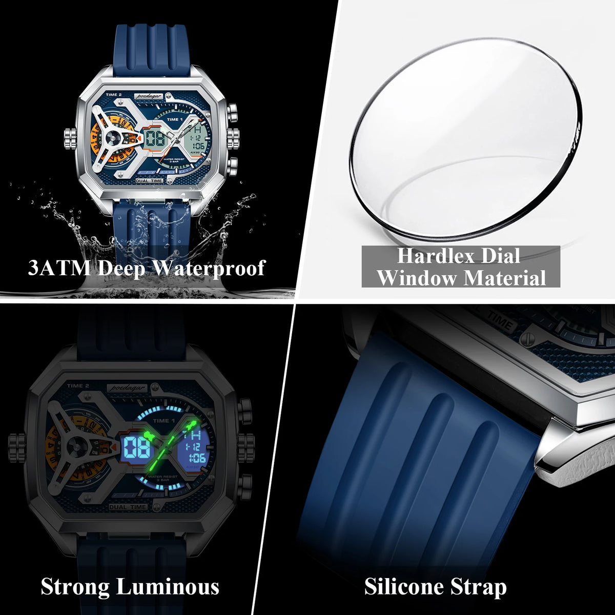 Reloj de pulsera deportivo de cuarzo para hombre POEDAGAR, moda, fecha, semana, luminoso, LED digital, reloj electrónico para hombre, hora dual, relojes casuales para hombre