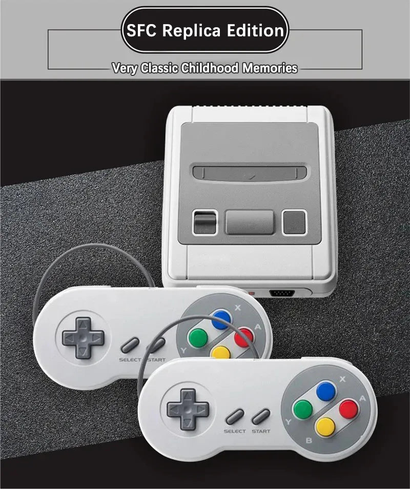 Consola retro blanca y mandos con botones de colores, vista frontal