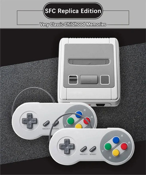 Consola retro blanca y mandos con botones de colores, vista frontal