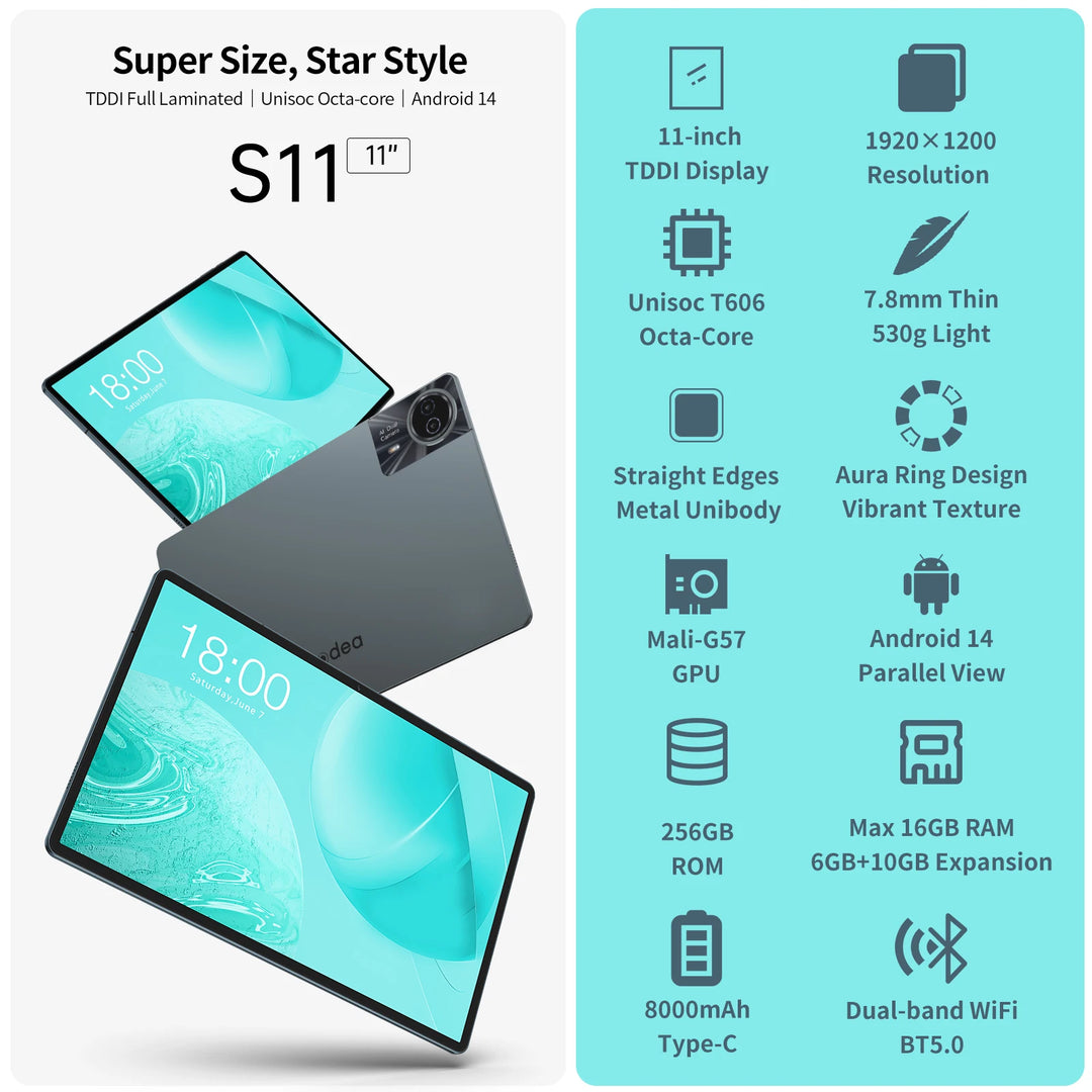 Tablet ODEA S11 16GB (6GB+10GB) RAM 256GB ROM 11" 1920x1200 IPS T606 8 núcleos Android 14 8000mAh Tipo-C GPS 4G LTE de Teclast