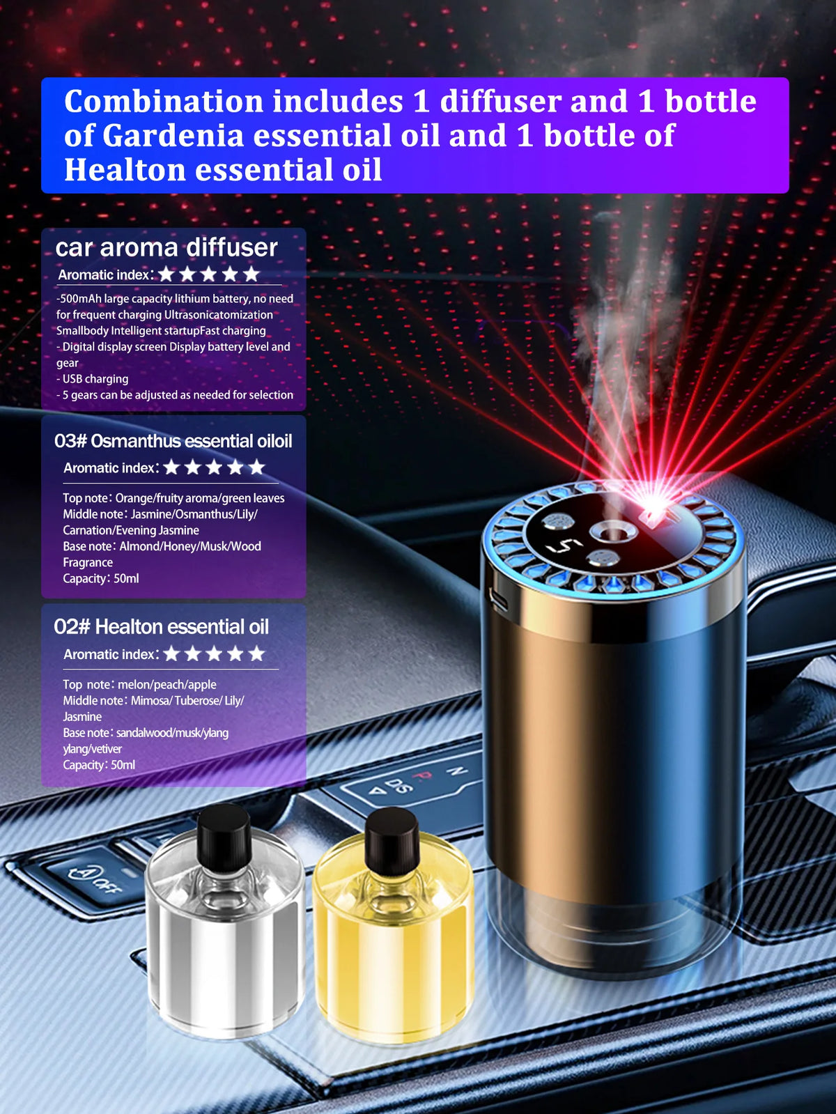 Difusor de aroma de coche recargable, aceite esencial aromático, luces coloridas, luces románticas de cielo estrellado, regalo de dormitorio