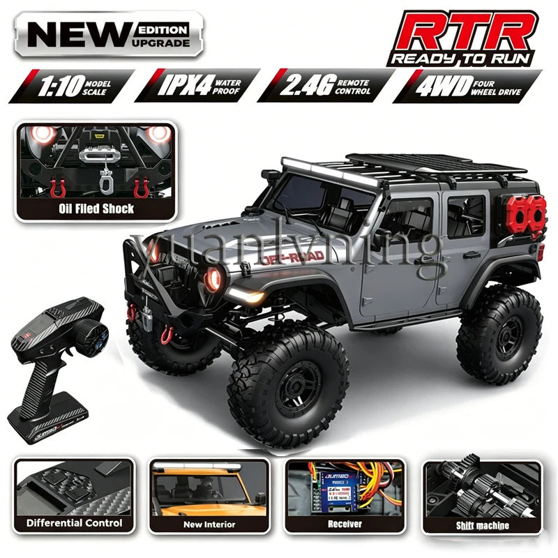 Coche RC 1/10 vehículo a control remoto 2.4G rock crawler de escala completa, camión todoterreno 4WD para escalar con luz LED