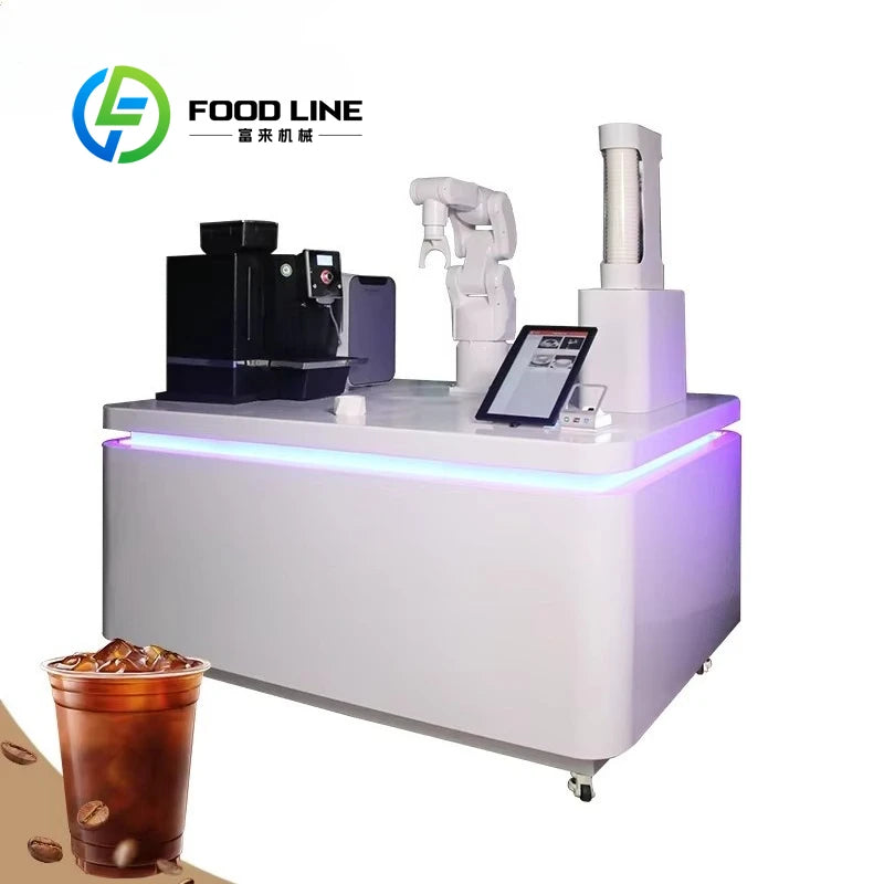 Máquina automática de café con brazo robótico y panel táctil, acabado blanco