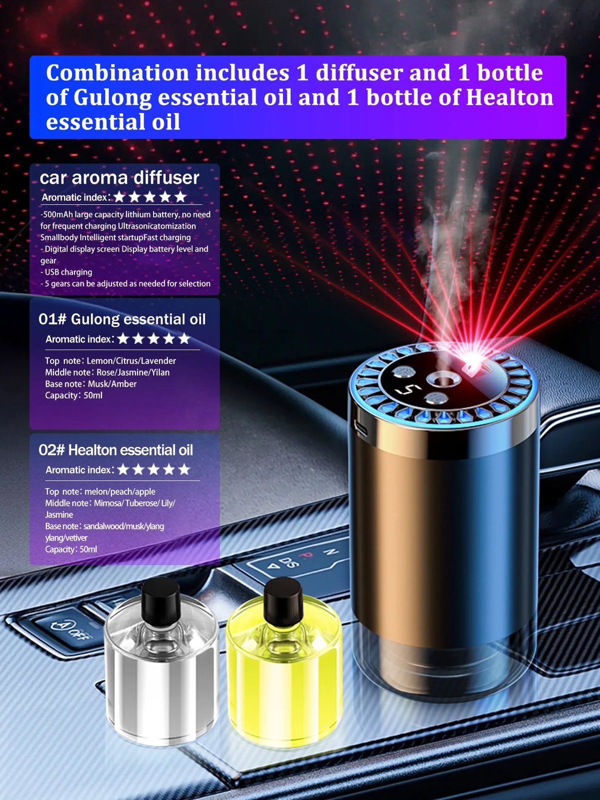 Difusor de aroma de coche recargable, aceite esencial aromático, luces coloridas, luces románticas de cielo estrellado, regalo de dormitorio