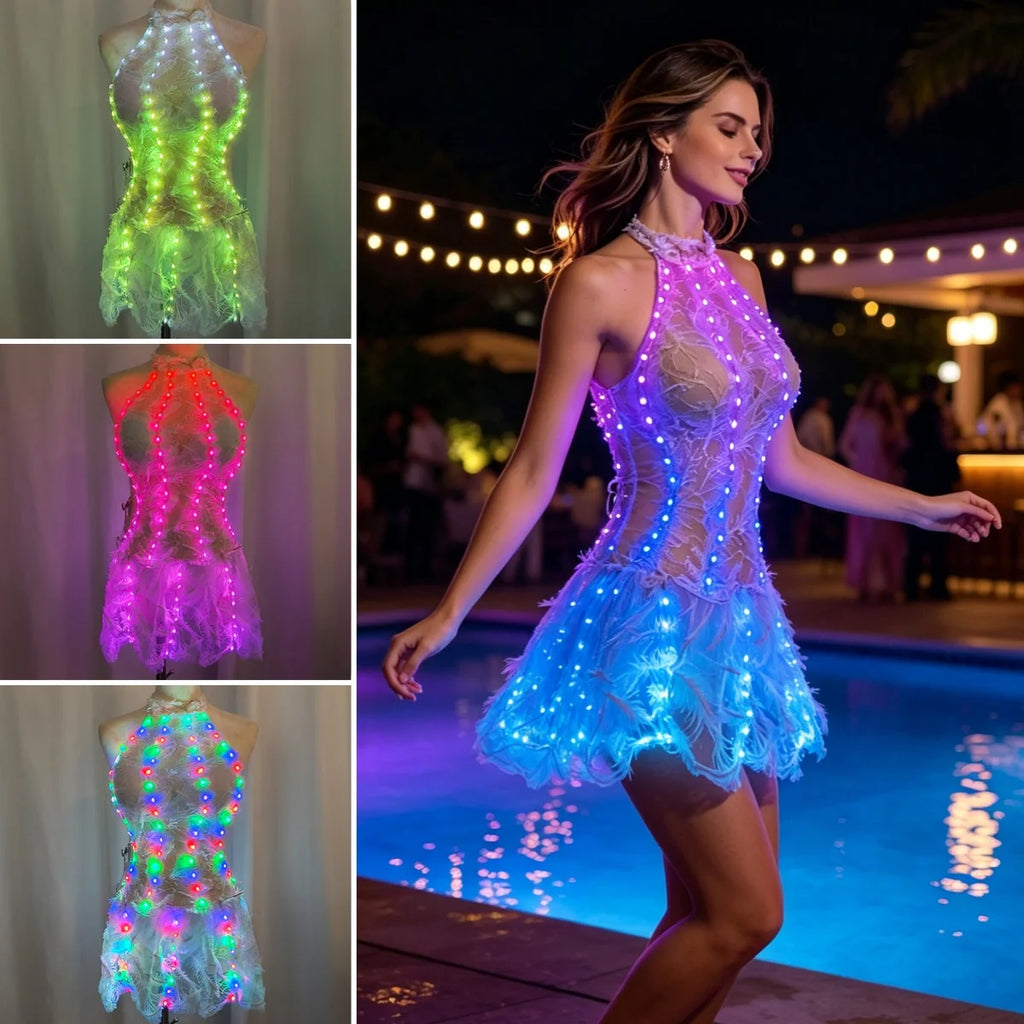 Vestido de encaje con plumas y luces LED de colores para mujer, vestido luminoso para discotecas, bares, piscinas, bailes y actuaciones.