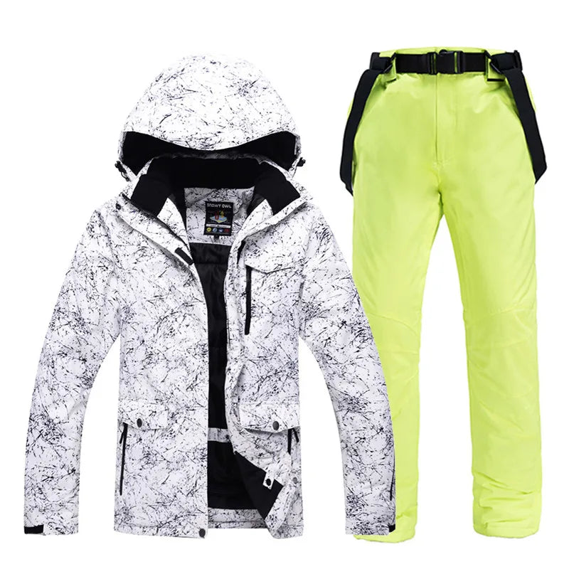 -30 Conjuntos de trajes de nieve blancos para hombres o mujeres Ropa de invierno al aire libre Ropa de snowboard Disfraces impermeables Chaqueta de esquí + Baberos de pantalón de nieve