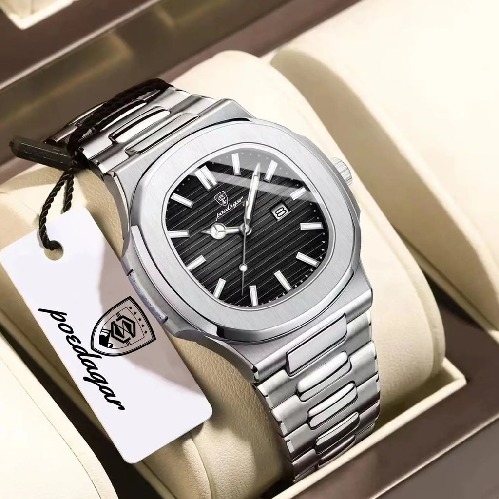Reloj de pulsera de lujo para hombre POEDAGAR, cuadrado, con fecha, luminoso, resistente al agua, de acero inoxidable, reloj de cuarzo para hombre, estilo deportivo y de negocios