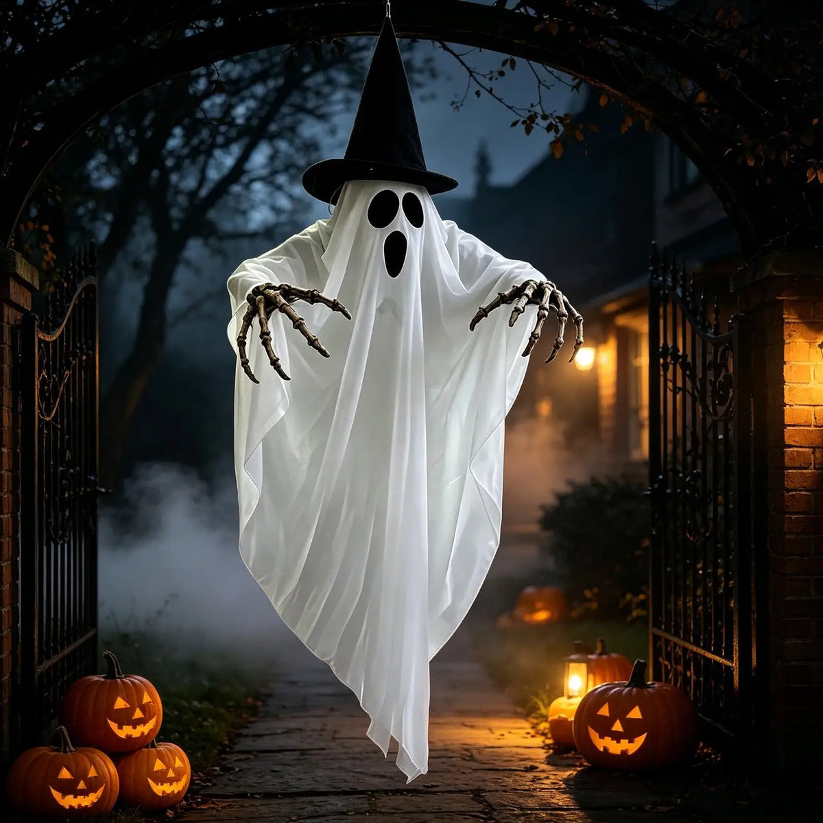 Large LED Glowing Hanging Ghost Decoration Swing Spooky Skull Ornament Reusable Prop for Haunted House Halloween Party Decor