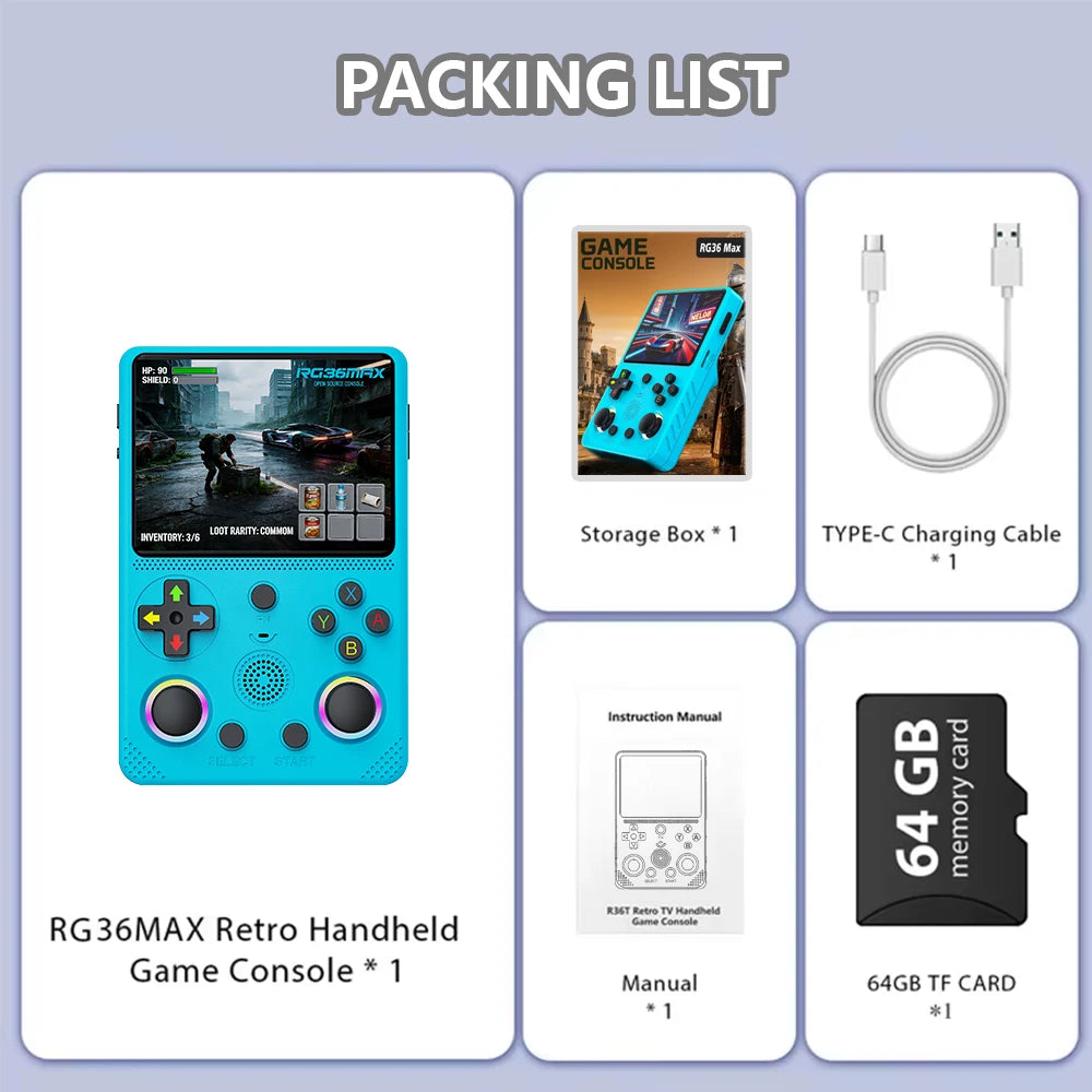Consola de videojuegos portátil retro RG36max 2026, pantalla HD IPS de 3.5 pulgadas, más de 30,000 juegos, sistema Linux de código abierto
