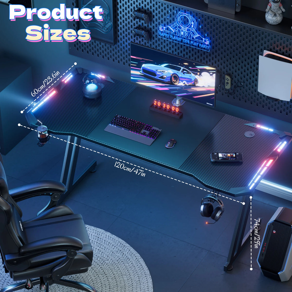 Escritorio gaming negro con superficie para teclado, panel perforado y tiras LED RGB en Z