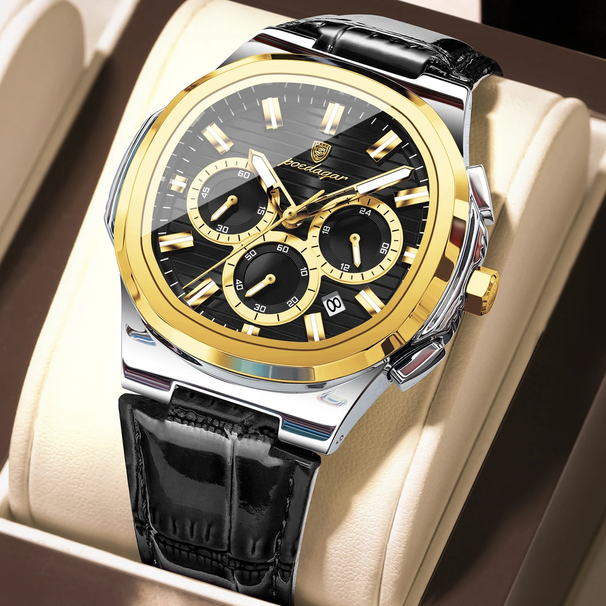 Reloj de pulsera para hombre POEDAGAR, original, de cuero, resistente al agua, luminoso, a la moda, con fecha, cronógrafo, de cuarzo, deportivo.
