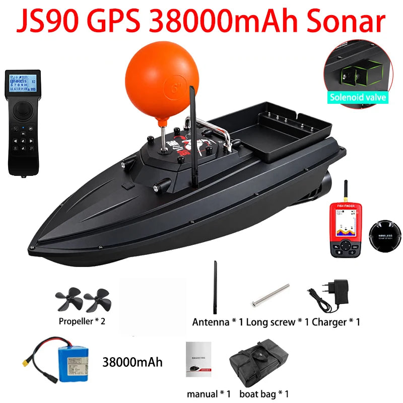 JS90 Barco cebador GPS 12V, velocidad 280 m/min, 100 puntos de pesca, carga de 3 kg, crucero y retorno automático, ajuste de 3 velocidades, bola antivuelco
