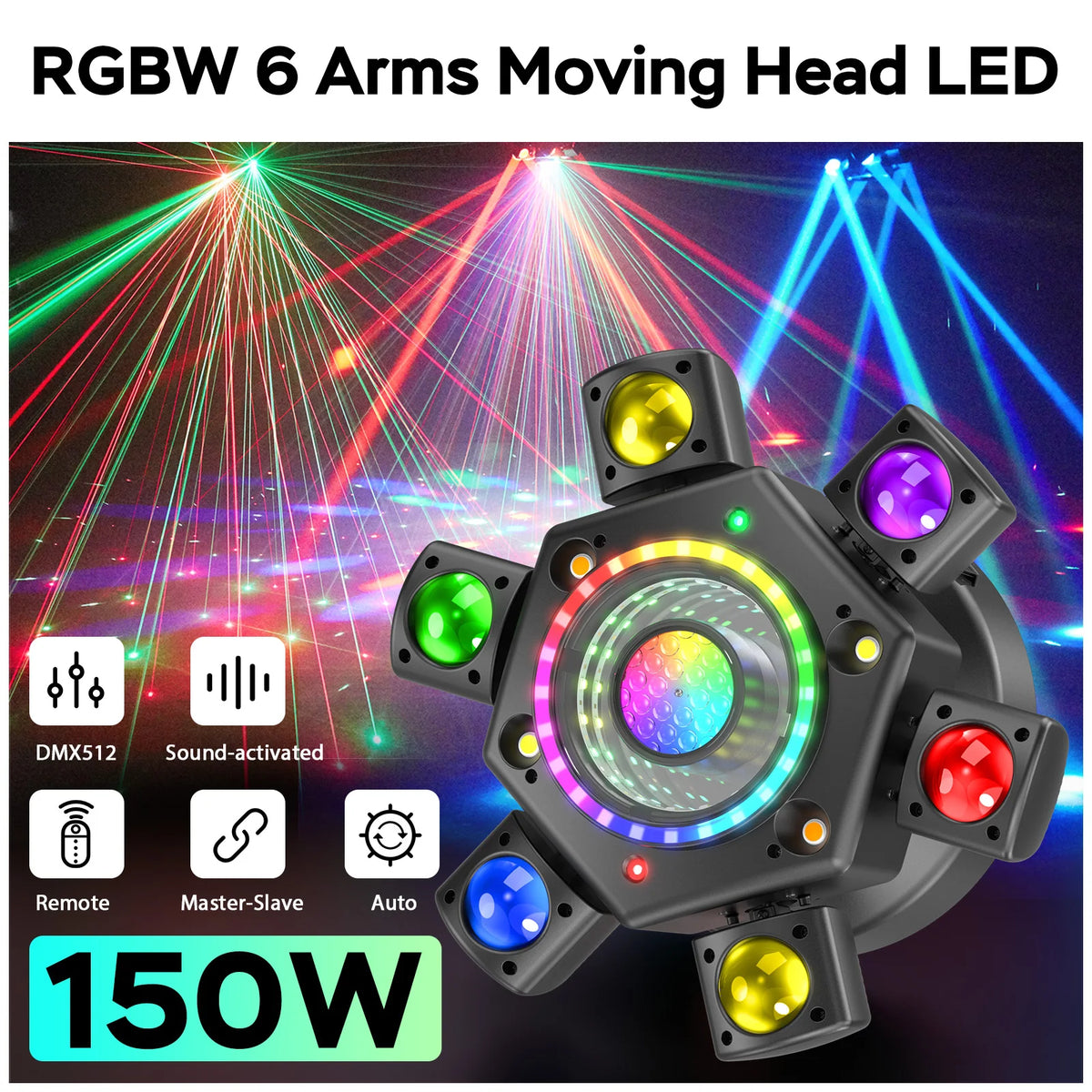 Yiflamefly - Luces móviles tipo beam de 150W y 6 brazos, luces LED RGBW para DJ, luces DMX512 para fiestas, bodas, discotecas, espectáculos, clubes nocturnos, bares y KTV