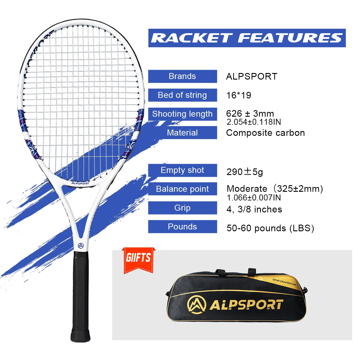 ALPSPORT T800 18K Raqueta de Tenis Profesional de Fibra de Carbono – Ligera (280g) con Bolsa y Correa Antideslizante, Envío Rápido para Entrenamiento