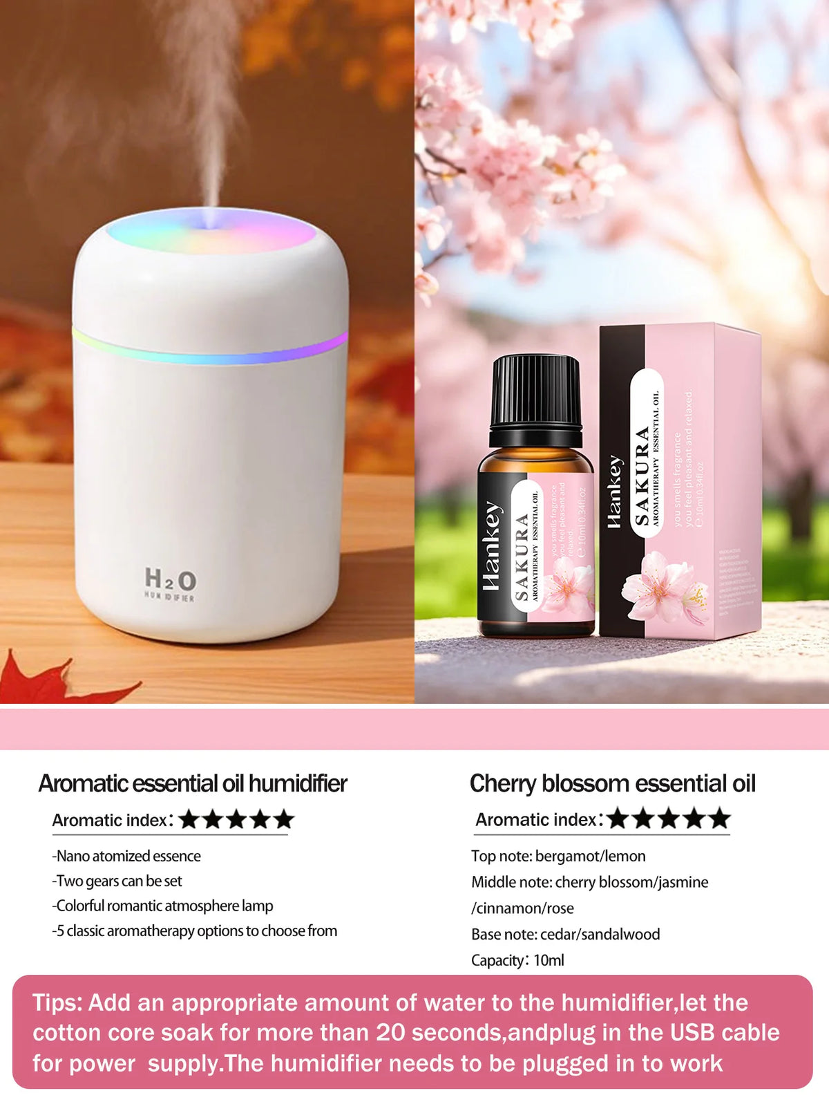 Difusor de aromaterapia de 300ml, humidificador, purificador de aire, uso doméstico en el coche, aceite esencial de aromaterapia con luz de siete colores