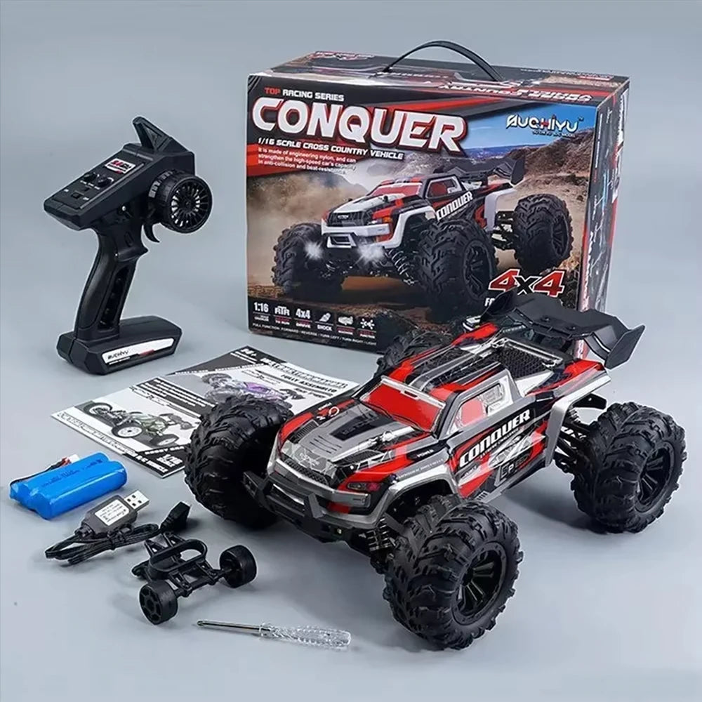 Coche RC Wltoys 1:16 50 km/h de alta velocidad 4WD todoterreno Monster Truck, vehículo eléctrico recargable con control remoto de 2.4 GHz, batería de 7.4 V, faros LED, engranajes metálicos, suspensión independiente, juguete de hobby para adultos, regalo